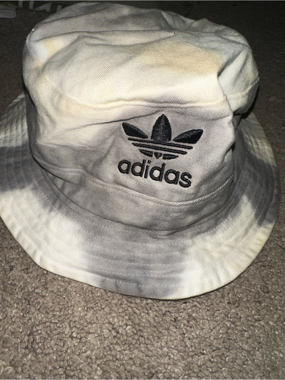 adidas Tie-Dye Trefoil Bucket Hat in White and Gray